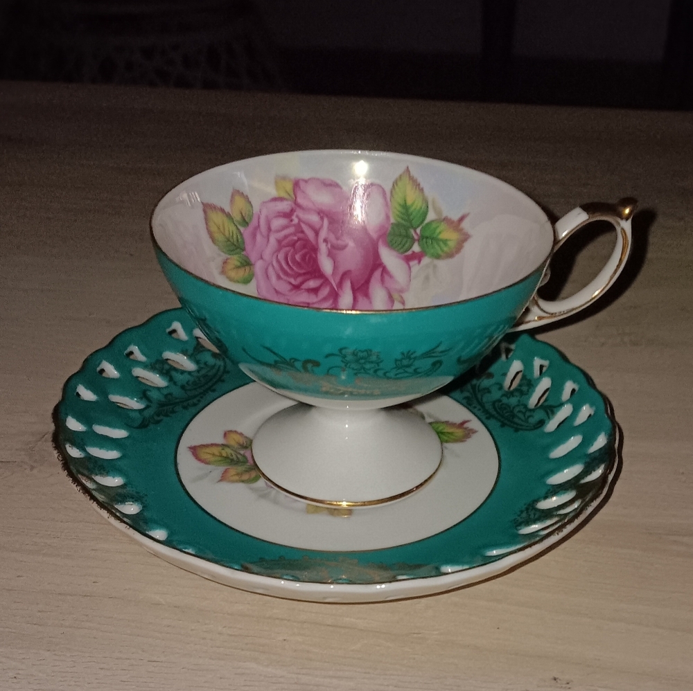 Royal Halsey Rose Tea Cup And Saucer Set.  Teal Gold